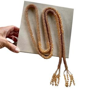 Art Deco Orange Glass Beaded Lariat Tassel Necklace 54 Inch